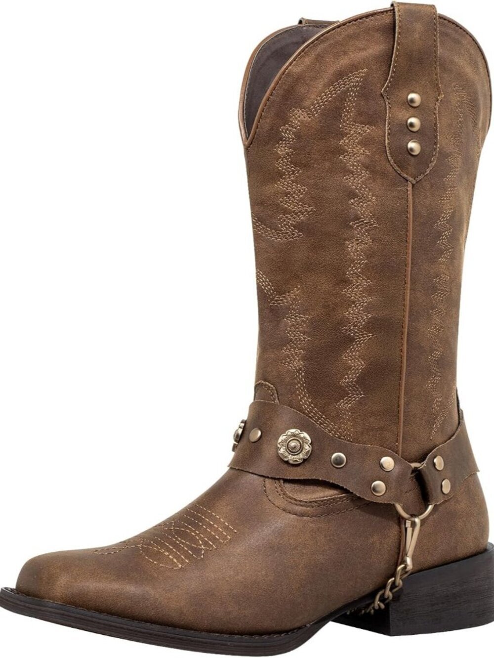 Women's Brown Leather Wide Calf Square Toe Cowgirl Boots Harness Western Boots